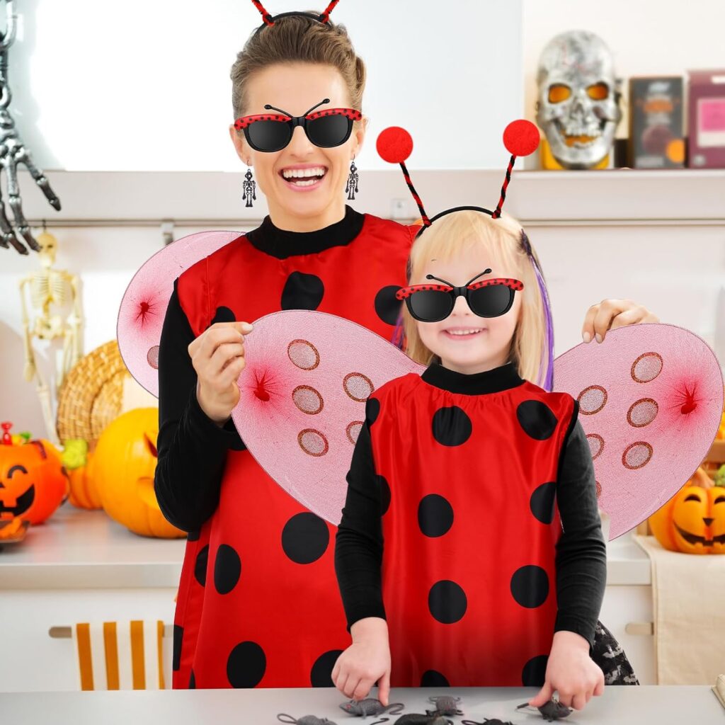 Janmercy Ladybug Wings Costume Kit for Women Kids Halloween Ladybird Girls Adults Cosplay Accessories for Dress up Party