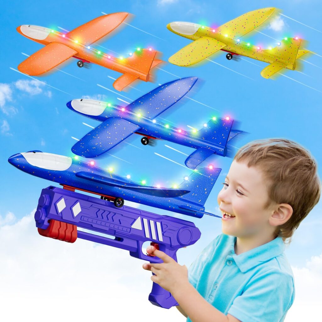 3-Pack LED Airplane Launcher Toy - 2 Flight Modes, Foam Glider Planes, Outdoor Toys for Kids Ages 3 4 5 6 7 8 9 10 11 12 Year Old Boys  Girls Birthday Gift, Educational Flying Toys