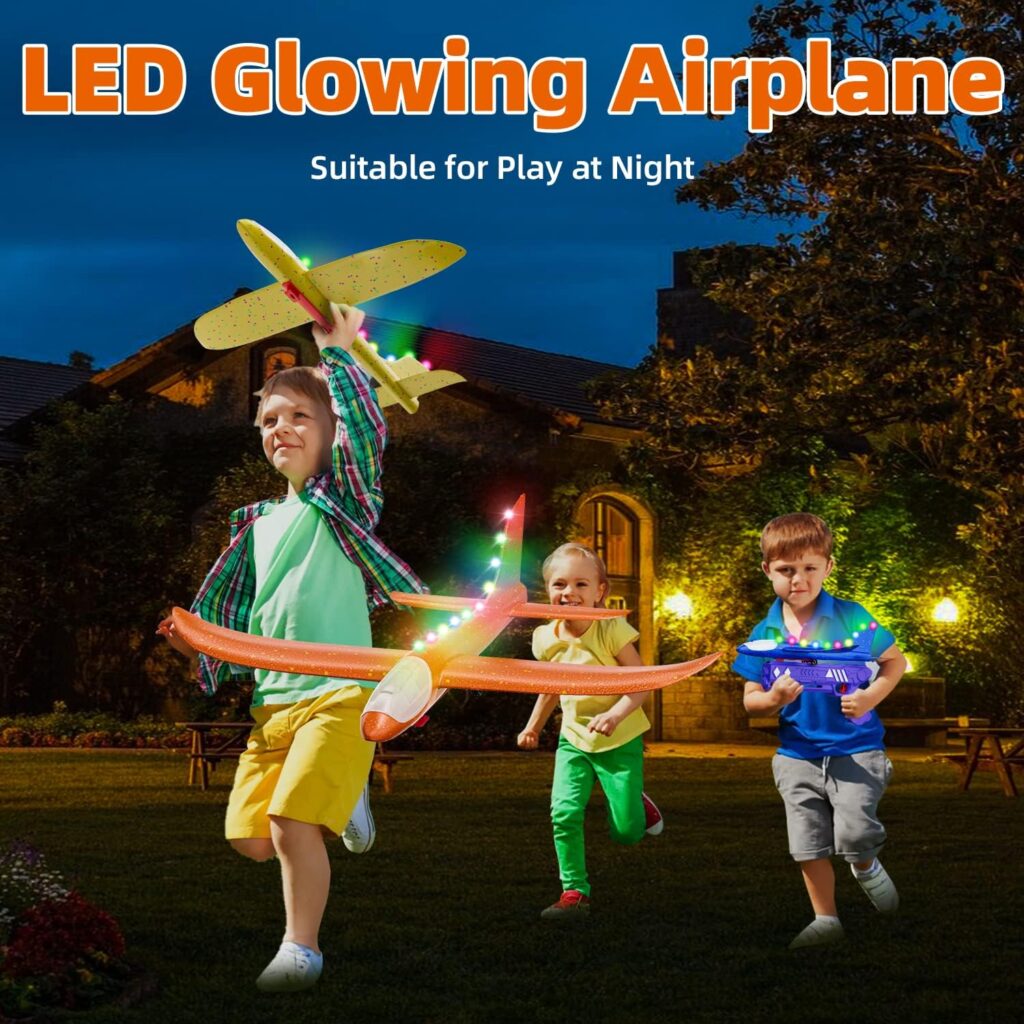 3-Pack LED Airplane Launcher Toy - 2 Flight Modes, Foam Glider Planes, Outdoor Toys for Kids Ages 3 4 5 6 7 8 9 10 11 12 Year Old Boys  Girls Birthday Gift, Educational Flying Toys