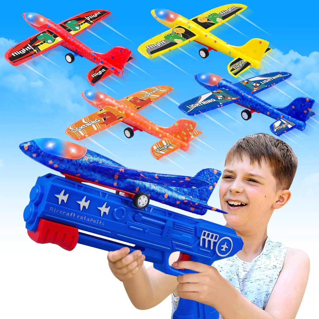 4 Pack Airplane Launcher Toys, 2 Flight Modes LED Foam Glider Catapult Plane, Outdoor Flying Toy for Kids, Birthday Gifts for Boy Girl 4 5 6 7 8 9 10 11 12 Year Old, B-Day Party Supplies