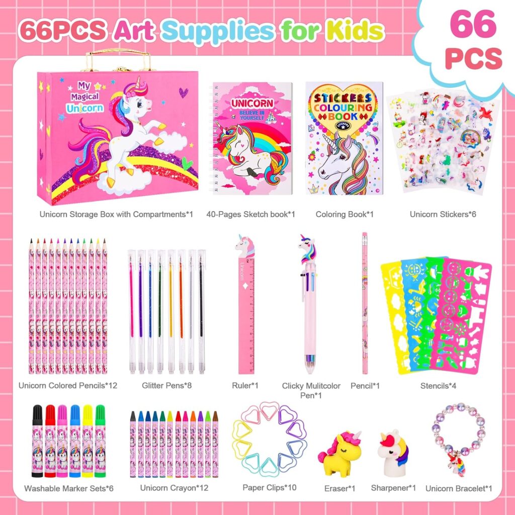 Art Supplies for Kids,66PCS Drawing Kits with Unicorn Storage Case for Girls Age 4-12,Art Case Coloring Sets,Crayon,Colored Pencils,Coloring Book Sketch Book Drawing Stuff,Gift Toys for Girls Age 5-10