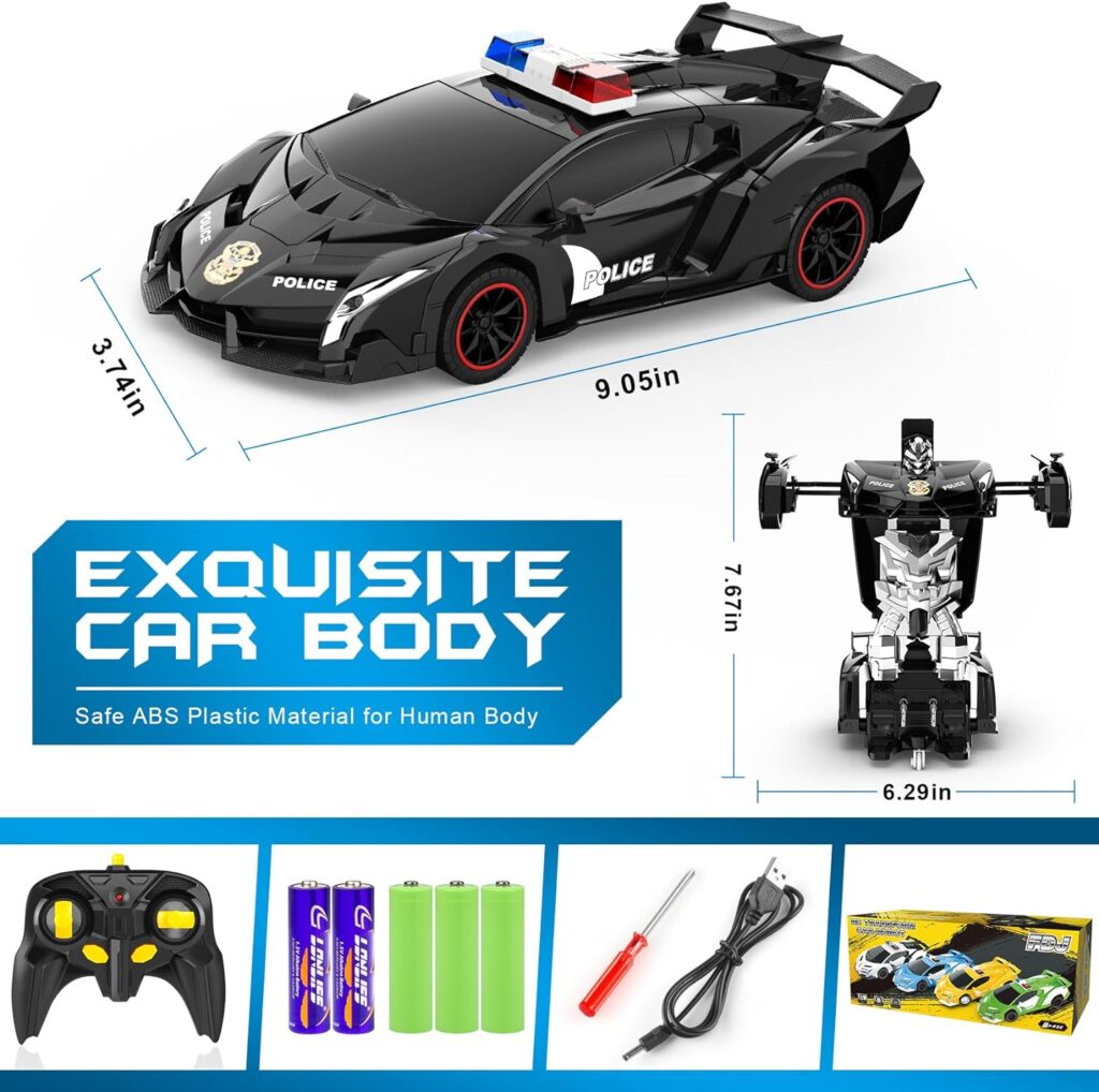 FDJ Remote Control Car - Transform Toys, One Button Deformation to Robot with Flashing Light, 2.4Ghz 1:18 Scale Transforming Police Boys Kids Toys Gift with 360 Degree Rotating Drifting Toys for Boys