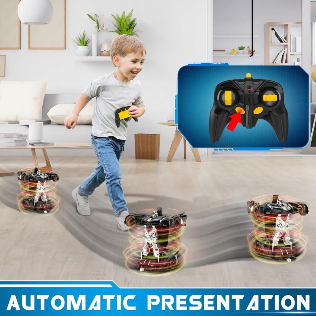 FDJ Remote Control Car - Transform Toys, One Button Deformation to Robot with Flashing Light, 2.4Ghz 1:18 Scale Transforming Police Boys Kids Toys Gift with 360 Degree Rotating Drifting Toys for Boys