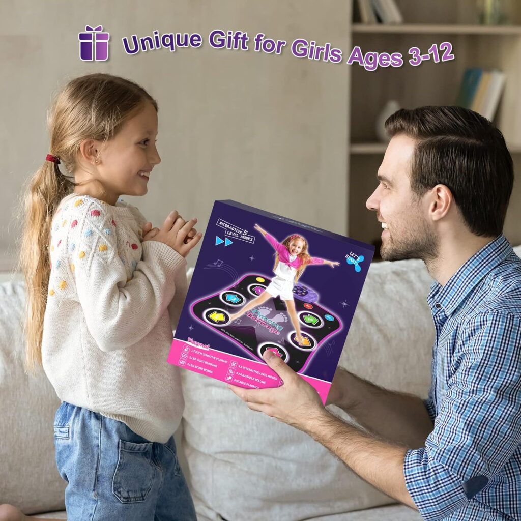 Flooyes Dance Mat Toys for 3-12 Year Old Kids, Electronic Dance Pad with Light-up 6-Button Wireless Bluetooth, Music Dance with 5 Game Modes, Christmas Toys Gifts for 3 4 5 6 7 8 9 10+ Year Old Girls