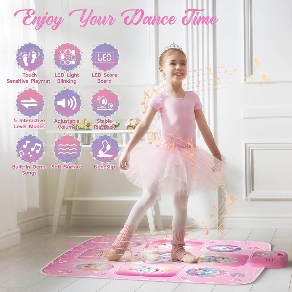 GirlsHome Dance Mat - Unicorn Toys for Girls Electronic Dance Pad with 5 Game Modes, Built-In Music, Touch Sensitive Light Up LED Kids Musical Mat, Christmas  Birthday Gift for Toddler Girls 3-12