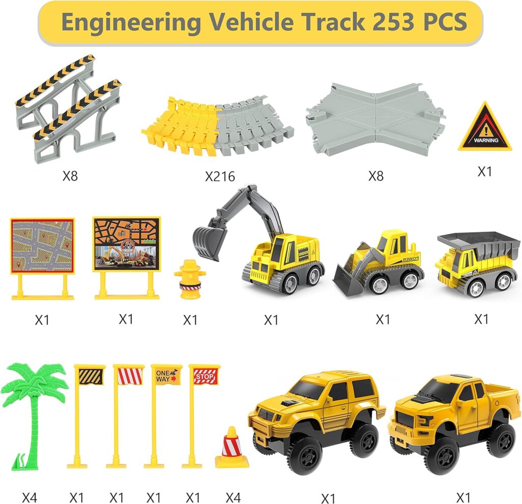 Kids Construction Toys 253 PCS Race Tracks Toy for 3 4 5 6 7 8 Year Old Boys Girls, 5 PCS Truck Car and Flexible Track Play Set Create A Engineering Road Games Toddler Best Gift