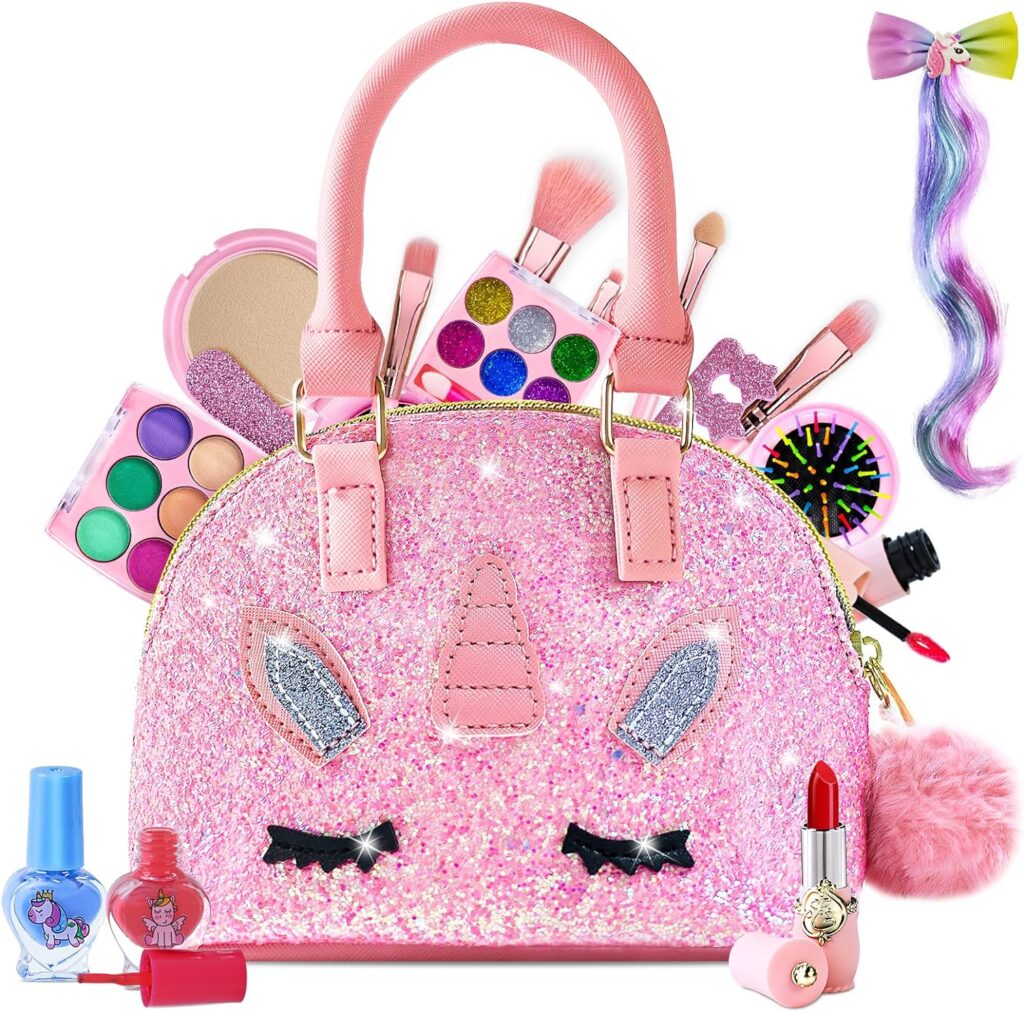 Kids Makeup Kit for Girl - Real Washable Makeup Set with Pink Unicorn Bag, Princess Makeup Kit Toy for Little Girls, Pretend Play Makeup Set for Toddler, Birthday Gifts for Girls Age 3 4 5 6 7 8-12