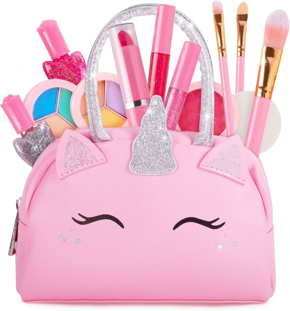 Kids Real Makeup Kit for Little Girls: with Pink Unicorn Purse - Real, Non Toxic, Washable Make Up Toy - Gift for Toddler Young Children Pretend Play Set Vanity for Ages 3 4 5 6 7 8 9 10 Years Old