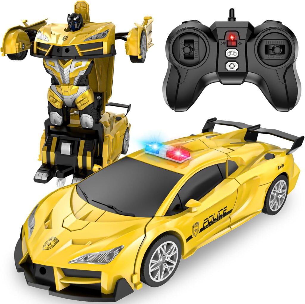 LNNKINE Remote Control Car, Transform Robot RC Cars, 2.4Ghz Transforming Police Car Toy with LED Light, One-Button Deformation and 360° Rotating Drifting, Toys for Boys Age 4-7 8-12