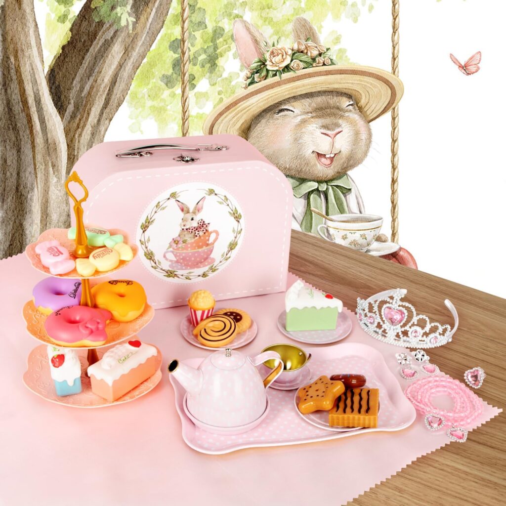 Tea Party Set for Little Girls, 49PCS Princess Tea Time Toys Including Tea Set Dessert Carrying Case, Kids Kitchen Pretend Playset, Tea Set for Girls Birthday Toddler Age 3-8