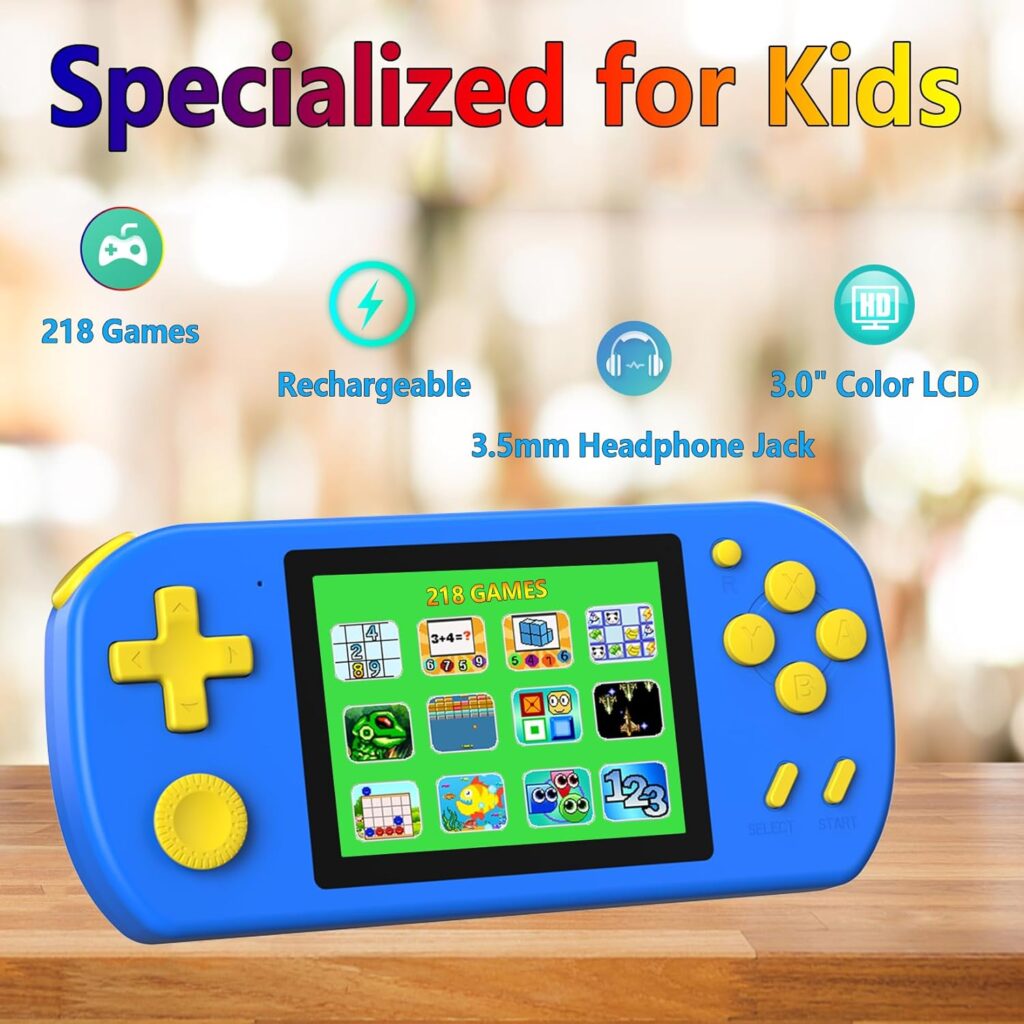 TEBIYOU Handheld Game Console for Kids Preloaded 218 Retro Video Games, Portable Gaming Player with Rechargeable Battery 3.0 LCD Screen, Mini Arcade Electronic Toy Gifts for Boys Girls, Blue