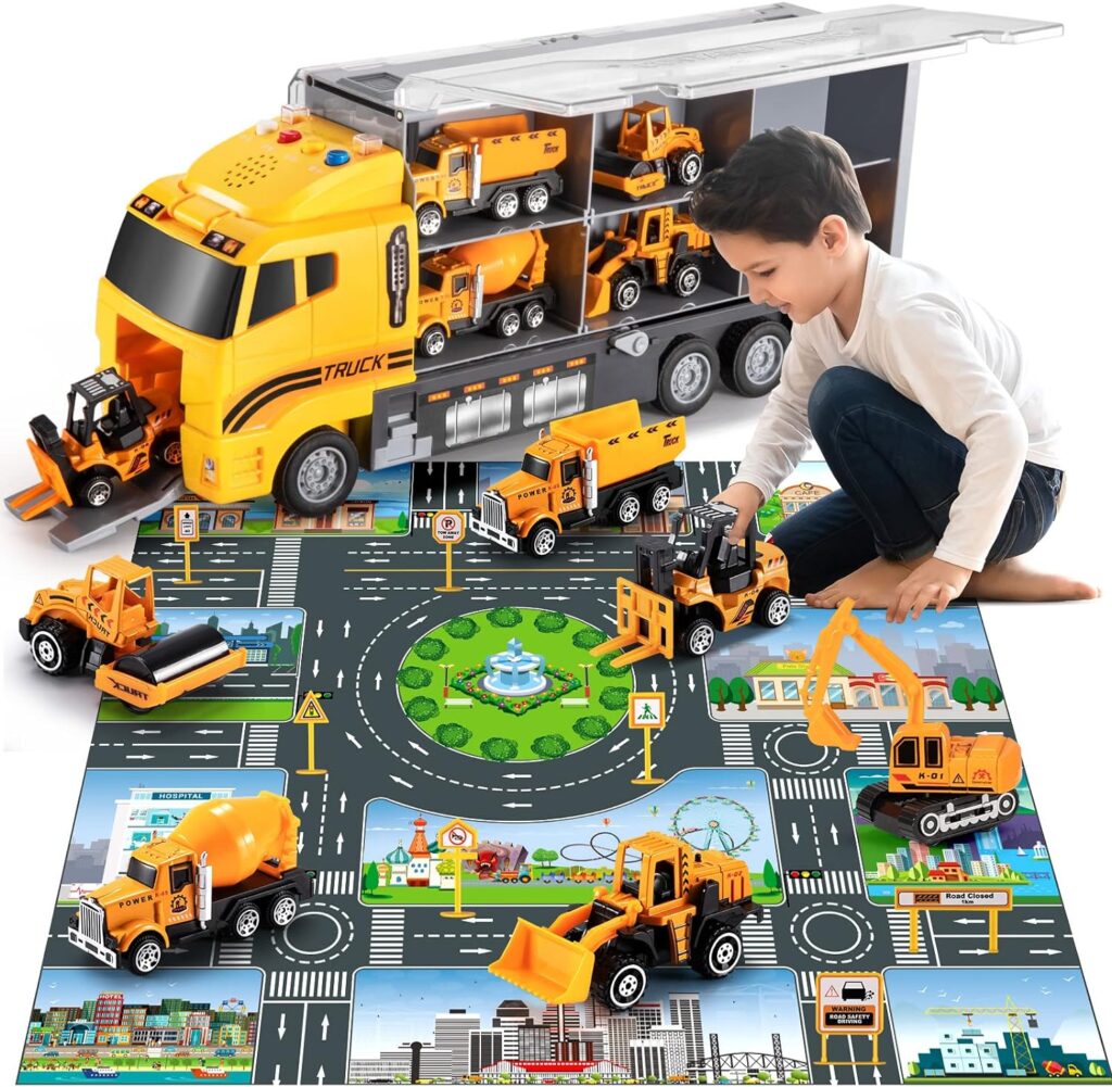 TEMI Toddler Toys for 3 4 5 6 Years Old Boys, Die-cast Construction Car Carrier Vehicle Toy Set w/Play Mat, Truck Alloy Metal Age 3-9 Toddlers Kids Boys  Girls