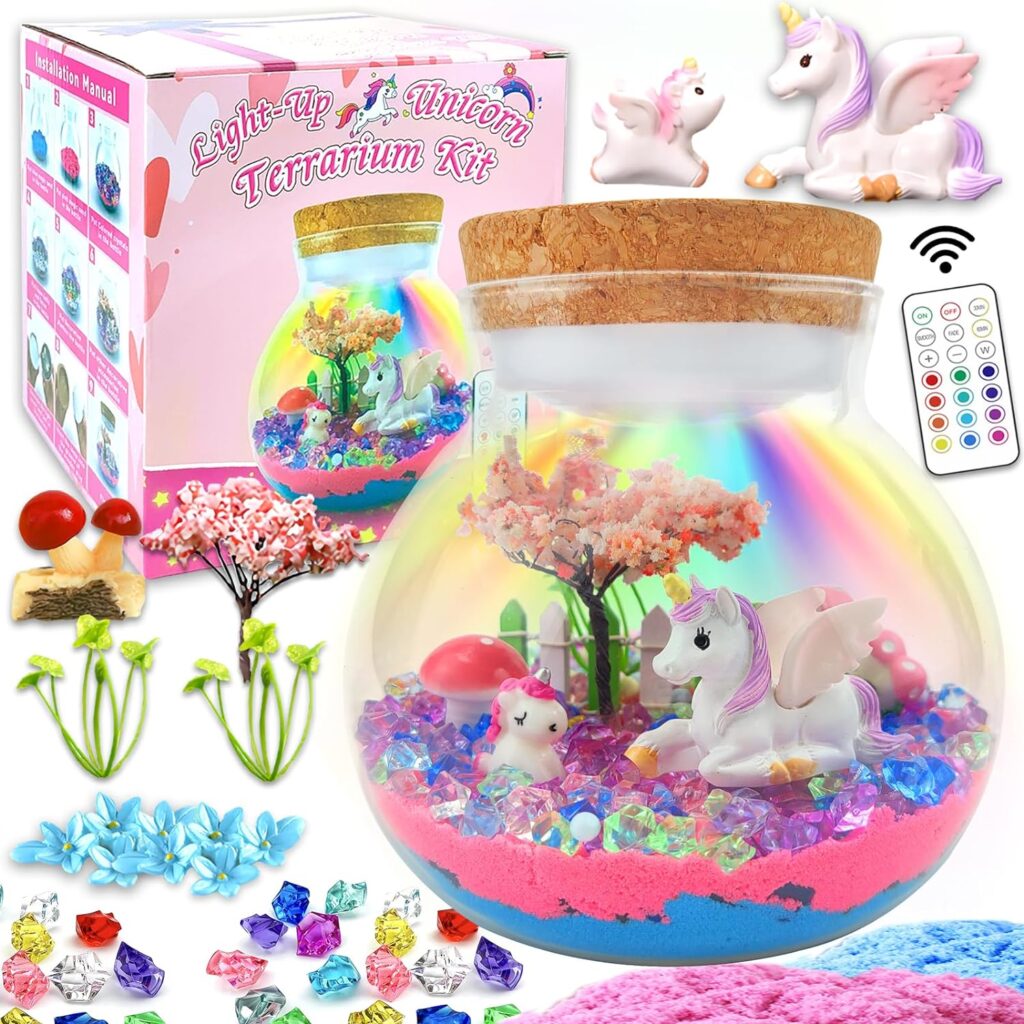 Unicorn Terrarium Crafts Kit for Kids-LED Night Light Up  Remote Unicorn Birthday Gifts Toys for Girls Ages 4 5 6 7 8 9 10 Year Old for Girls