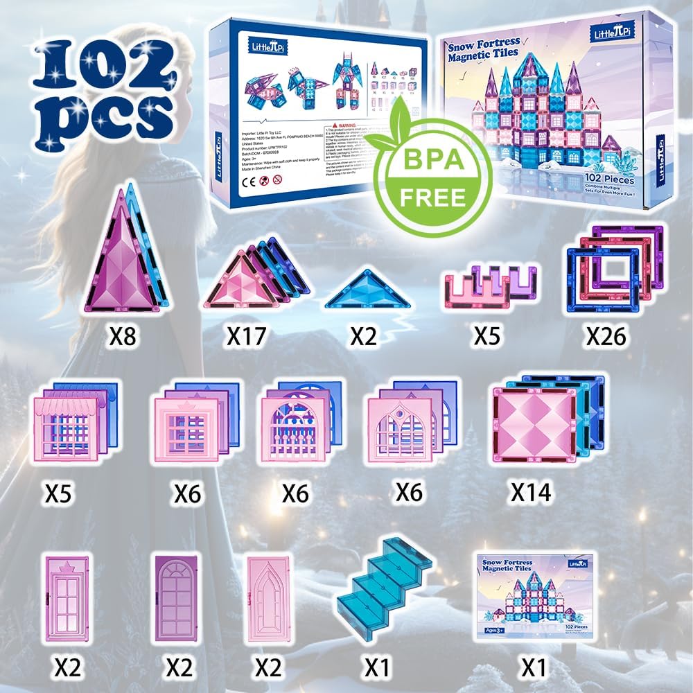 102pcs Frozen Princess Castle Magnetic Tiles Building Blocks - 3D Diamond Blocks, STEM Educational Toddler Toys for Pretend Play, 4 Year Old Girl Birthday Gifts Kids Ages 3 5 6 7 8