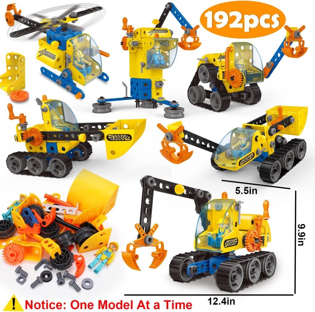 192 PCS STEM Building Toys for 5 6 7 8 9 + Year Old Boy Girl Gift Stem Project Activities Kit for Kids 5-7 6-8 Educational Autism Robotic Toy Learning Game Excavator Engineering Construction Set