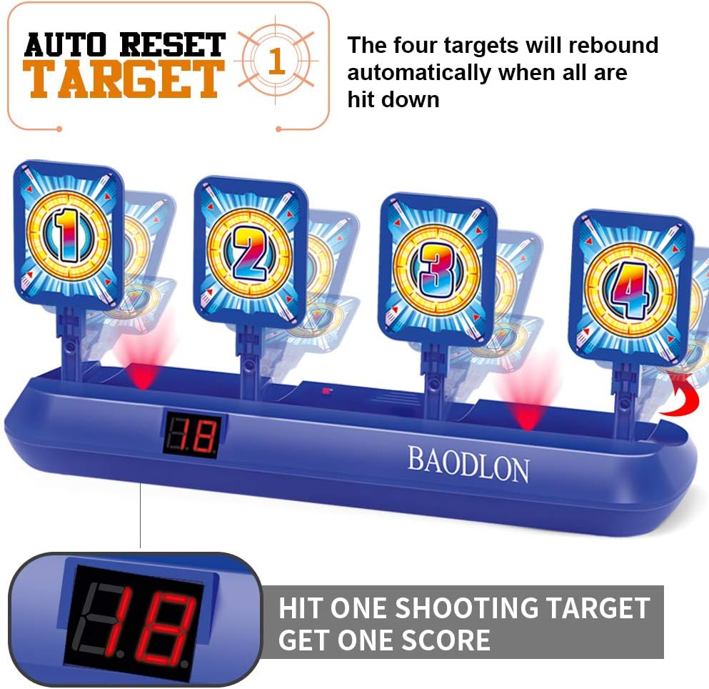 BAODLON Digital Shooting Targets with Foam Dart Toy Gun, Electronic Scoring Auto Reset 4 Targets, Shooting Game Toys Gifts for Age of 5, 6, 7, 8, 9, 10+ Years Old Kids, Boys, Compatible with 2 Toy Gun