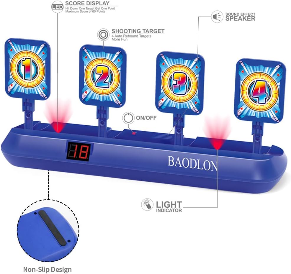 BAODLON Digital Shooting Targets with Foam Dart Toy Gun, Electronic Scoring Auto Reset 4 Targets, Shooting Game Toys Gifts for Age of 5, 6, 7, 8, 9, 10+ Years Old Kids, Boys, Compatible with 2 Toy Gun