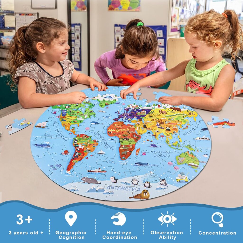 DIGOBAY World Map Jigsaw Puzzle for Kids 4-8, 70 Piece Globe Large Round Floor Puzzles for Kids Ages Toddler Puzzle Geography Games Educational Toys Birthday for Children