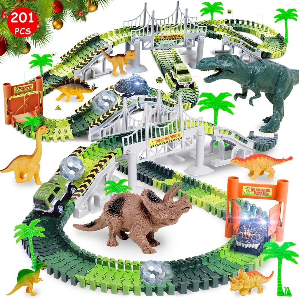 Dinosaur Toys, 201Pcs Create A Dinosaur World Road Race with Rolling Ball 8 Dino and 2 Race Cars for Boys  Girls Ages 3 4 5 6 7, Flexible Train Tracks Set with for Kids Christmas Birthday Gifts