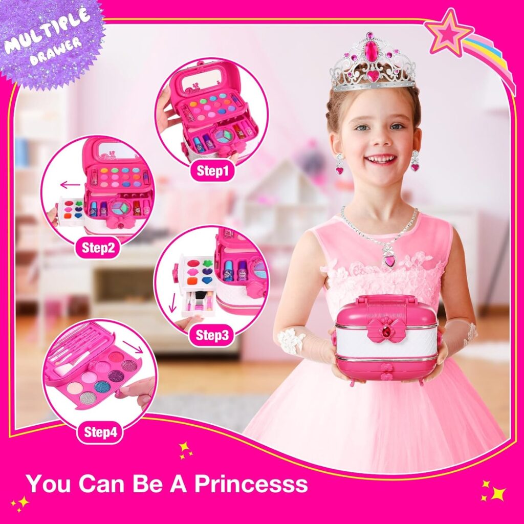 Esnowlee Kids Makeup Kit for Girl, 59 PCS Kids Makeup Toy for Little Girl Non-Toxic Washable Makeup Sets Play Real Makeup Kit for Girls Age 3 4 5 6 7 8 9 Birthday