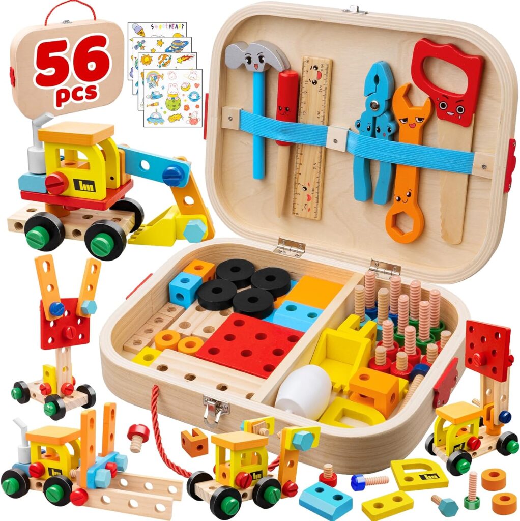 Goodfuns Kids Tool Set for Toddlers, 56 Pcs Wooden Building Kit with Tool Box, Educational STEM Construction Learning Toys, Kids Tool Sets Toys for 3 4 5 6 7 8 9 10 Year Old Boys Girls Birthday Gift