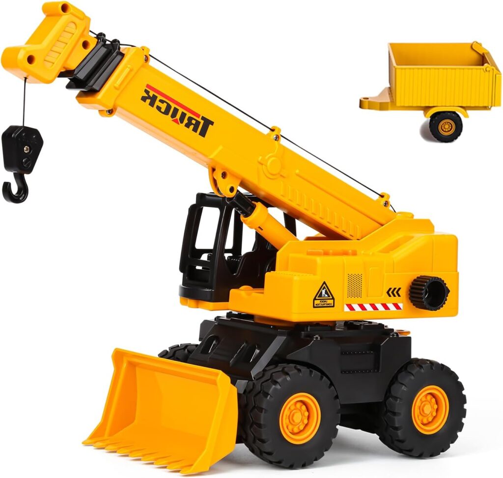 haomsj 2-in-1 Crane and Excavator Construction Truck Toy Vehicles Building Toy Set with Lights and Sounds, Bulldozer Toys Lifting Crane Toys for Kids Ages 3 4 5 6 Years Old