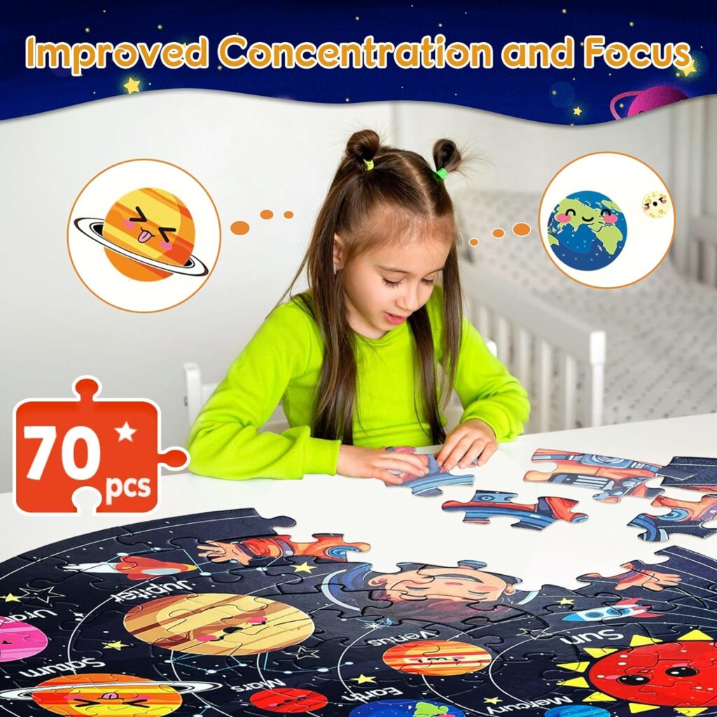 Hibility Space Large 70 Piece Round Floor Puzzles for Kids Ages 4-8, 3-5, 6-8, Large Jigsaw Puzzles Toys with Solar System Planets, Education Learning Kids Puzzles Gift