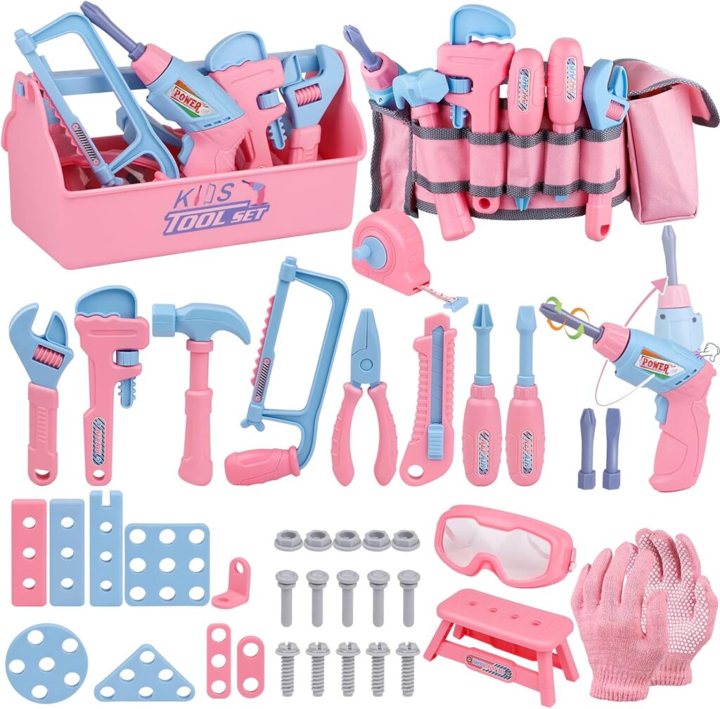 Kids Tool Set, 48PCS Toddler Tool Set with Electronic Toy Drill  Kids Tape Measure,Pretend Play Construction Toys Costume with Kids Tool Belt  Gloves,Toy Tools Box for Girl Boy Ages 3-8