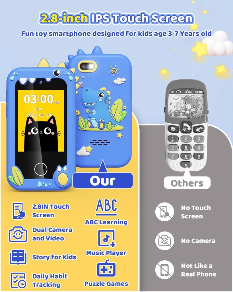 Kids Toy Smartphone, Gifts and Toys for Boys Ages 3-8 Years Old, Fake Play Toy Phone with Music Player Dual Camera Puzzle Games 8GB SD Card Touchscreen, Birthday, Kids Trip Activities