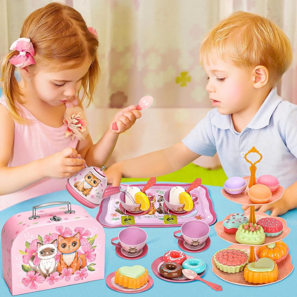 KIEUIENK Tea-Party-Set-for-Little-Girls: 50 Pcs Kids Tea Party Set Toys for Toddlers Ages 3-8 Years Old, Tin Kids Tea Set  Carrying Case, Princess Pretend Kitchen Toys, Birthday Gifts for Girl…