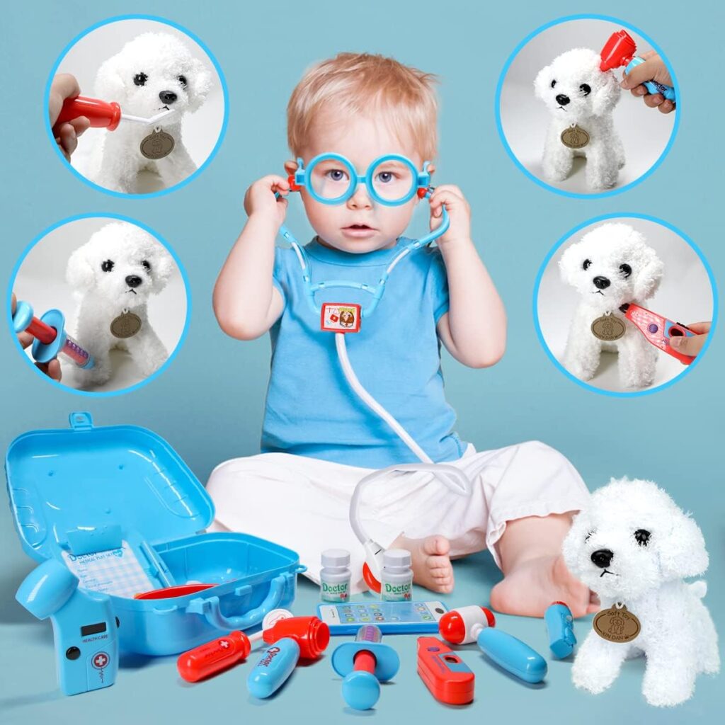 Meland Toy Doctor Kit for Girls - Pretend Play Doctor Set with Dog Toy, Carrying Bag, Stethoscope Toy  Dress Up Costume - Doctor Play Gift for Kids Toddlers Ages 3 4 5 6 Year Old for Role Play