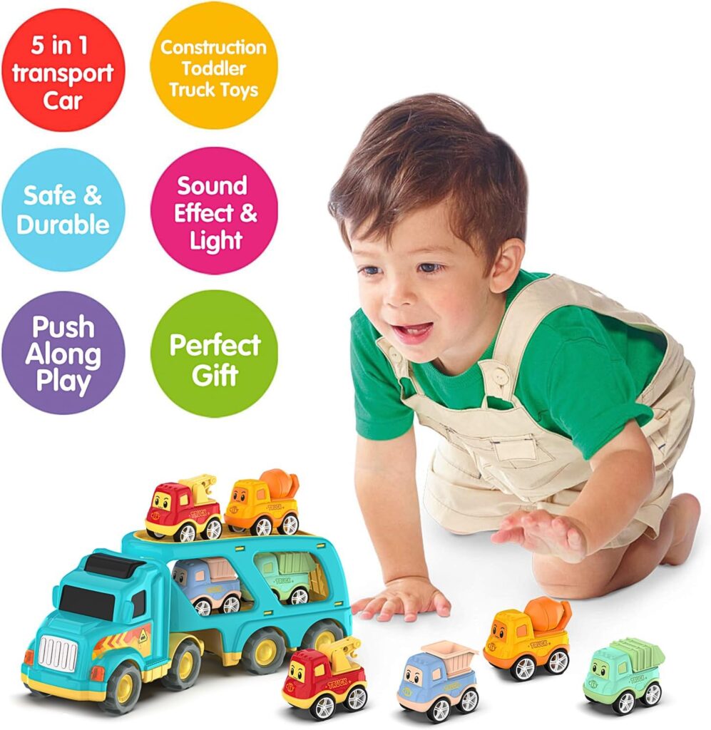 Moritakk Trucks Cars Toys for 3 4 5 6 7 Year Old Boy Toddler, 5 in 1 Carrier Transport City Vehicles Toys with Light Sound, Christmas Birthday Gift for Toddlers Kids