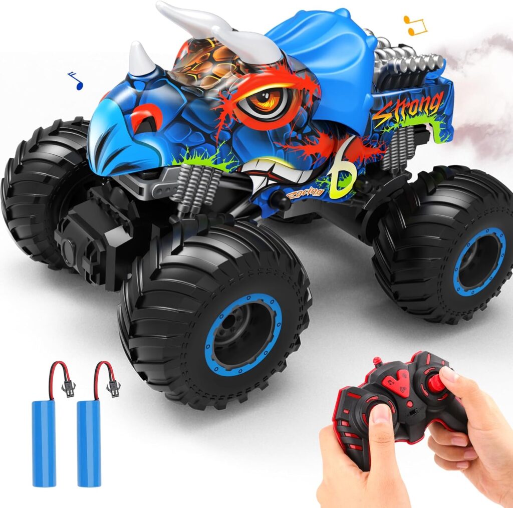 NEXBOX Remote Control Monster Trucks for Boys Age 4-7 8-12 Year Old - RC Dinosaur Car Toys for Kids, Ideas Christmas and Birthday Gifts, 2.4 GHz Multi-Terrain Off-Road Car with Music Lights Spray