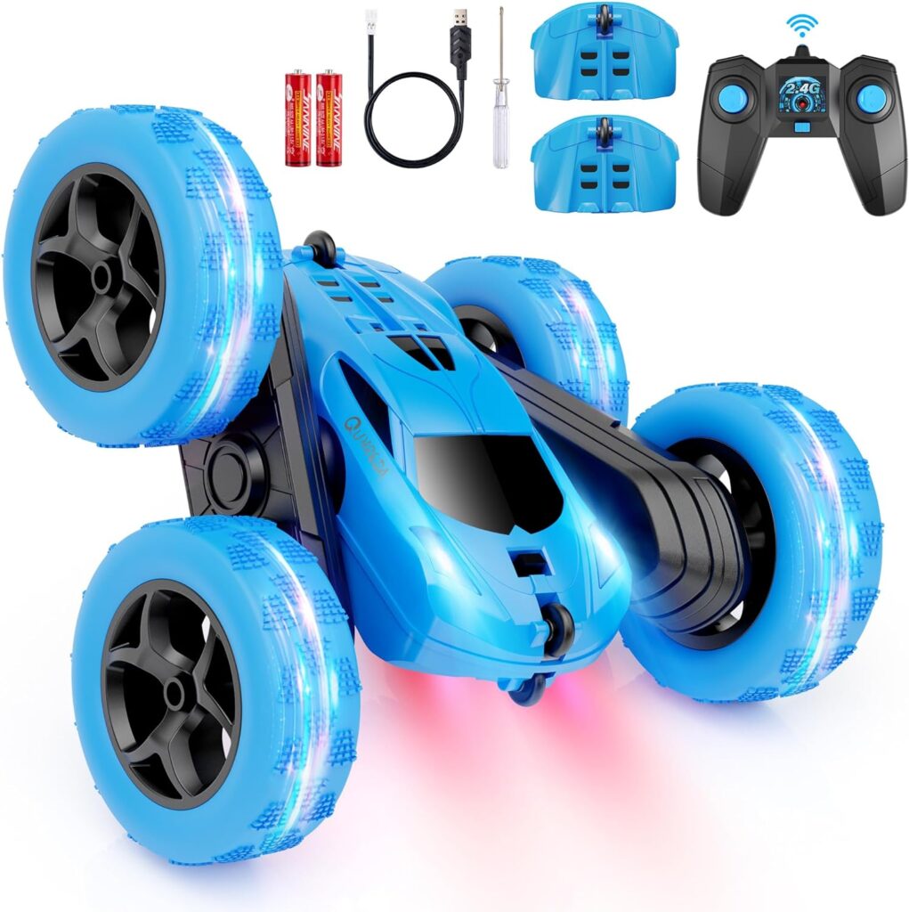 QUNREDA Remote Control Car for Kids Ages 6+, RC Cars Stunt Car Toy 4WD Double Sided 360° Rotating Remote Control with Headlights, Birthday Xmas Gifts for Boys 6 7 8 9 10 11 12 (Blue)