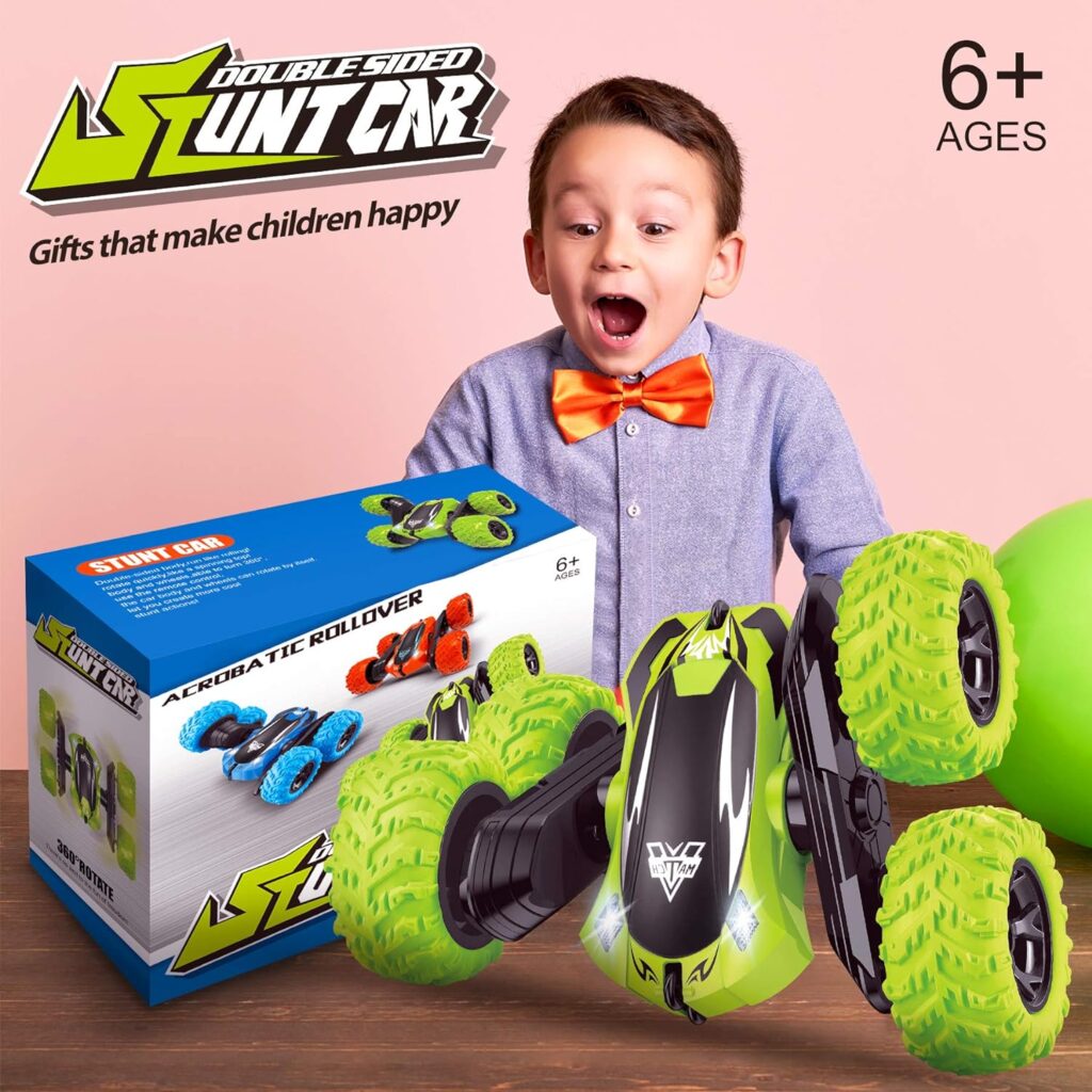 Remote Control Car, 2.4GHz Electric Race Stunt Car, Double Sided 360° Rolling Rotating Rotation, LED Headlights RC 4WD High Speed Off Road Gift for 3 4 5 6 7 8-12 Year Old Boy Toys (Orange)