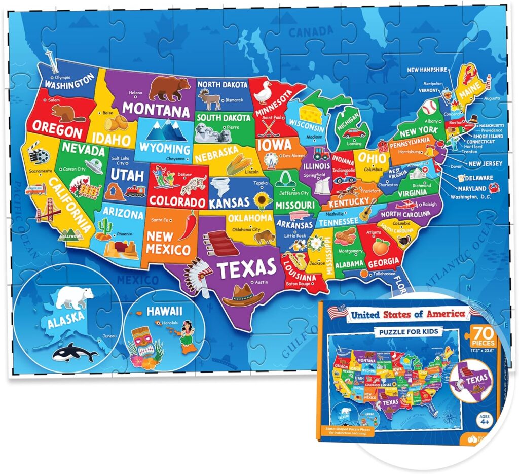 United States Puzzle for Kids - 70 Piece - USA Map Puzzle 50 States with Capitals - Childrens Jigsaw Geography Puzzles Ages 4-8, 5-7, 4-6 - US Puzzle Maps for Kids Learning  Educational Toys Gifts