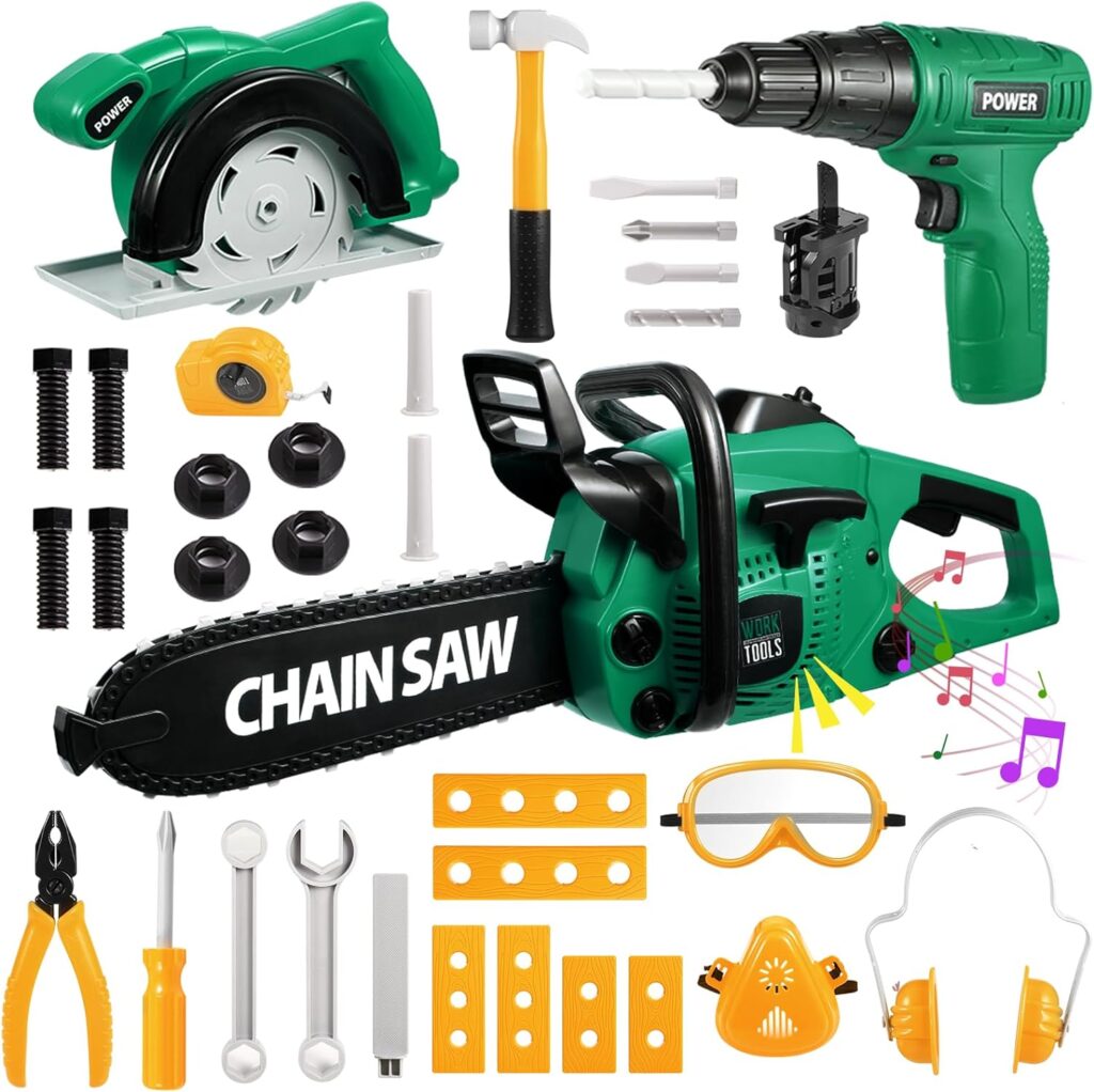 Vextronic Kids Tool Set 36 PCS with Electric Toy Chainsaw Drill Circular Saw with Realistic Sounds, Toy Tool Set for Toddlers 3 4 5 6 7 8, Pretend Play Kids Power Tools Kit Gift for Boys Girls