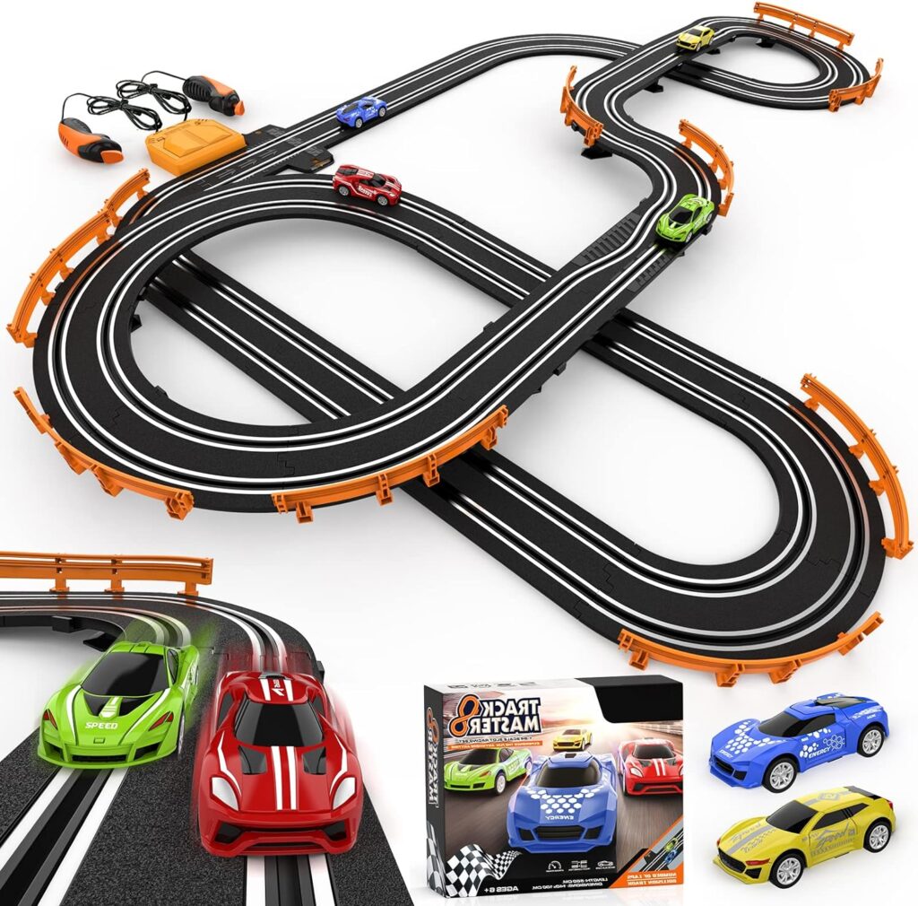 Wupuaait Slot Car Race Track Sets with 4 High-Speed Slot Cars, Battery or Electric Car Track, Dual Racing Game Lap Counter Circular Overpass Track, Gifts Toys for Boys Kids Age 6 7 8-12