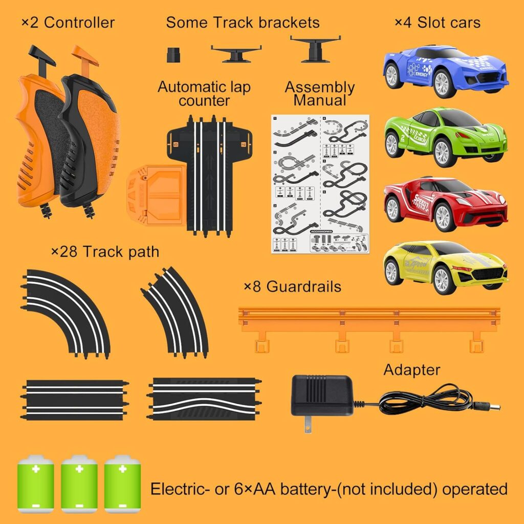 Wupuaait Slot Car Race Track Sets with 4 High-Speed Slot Cars, Battery or Electric Car Track, Dual Racing Game Lap Counter Circular Overpass Track, Gifts Toys for Boys Kids Age 6 7 8-12